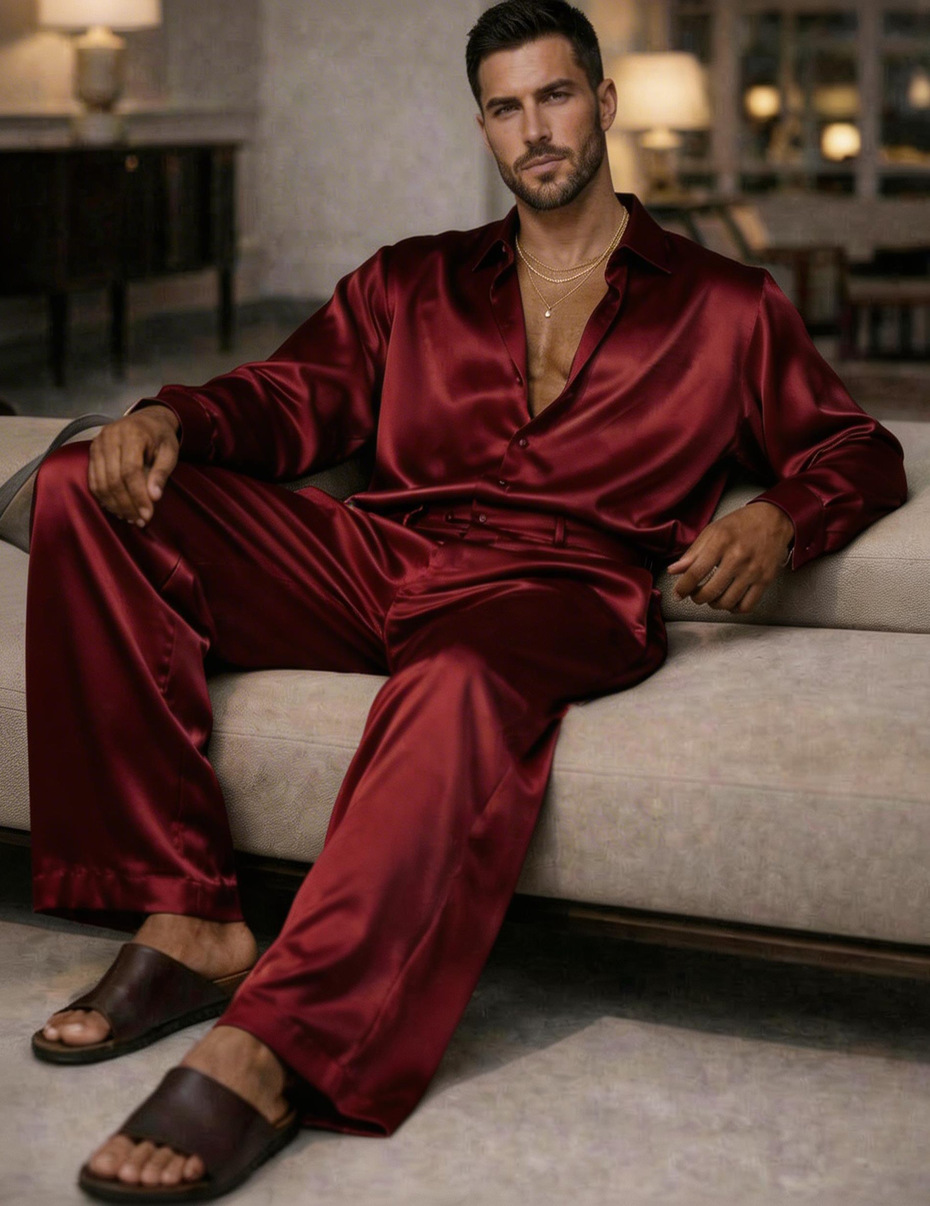 Weinrotes Satin-Set mit Hemd und weitem Bein, Hose mit Bindebund im Sitzen