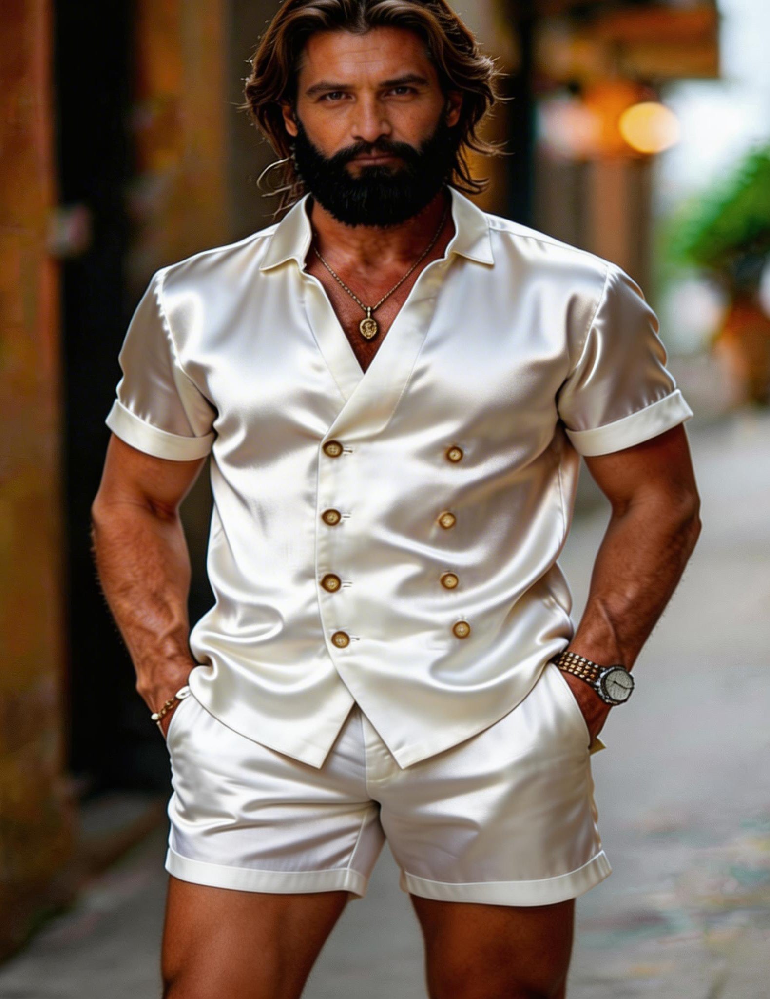 Men's Luxe Satin Double-Breasted Shirt & Shorts Set