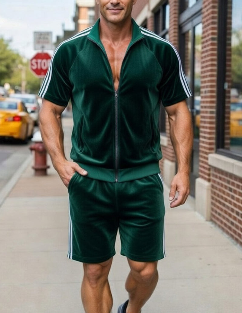 Dark green velvet zip track jacket and matching shorts, white side stripes