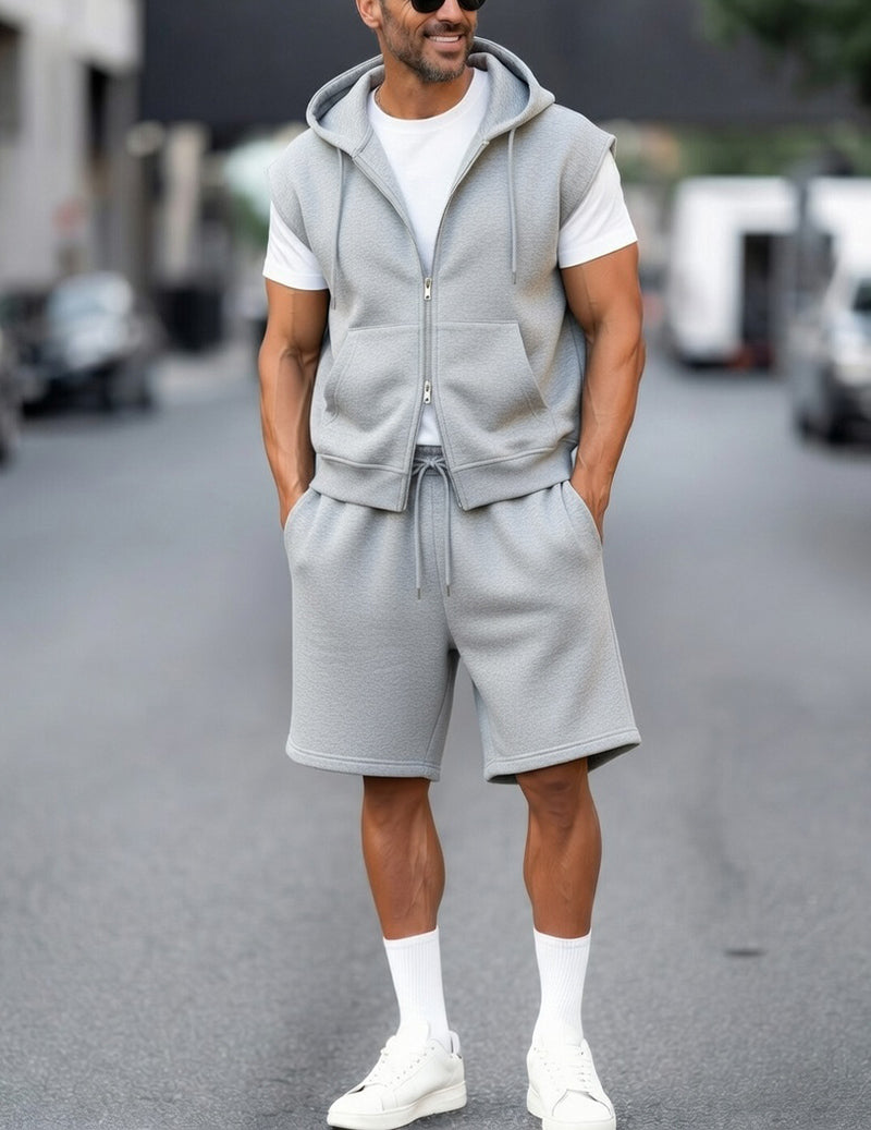 Sleeveless hooded zip-up vest and drawstring shorts set, grau