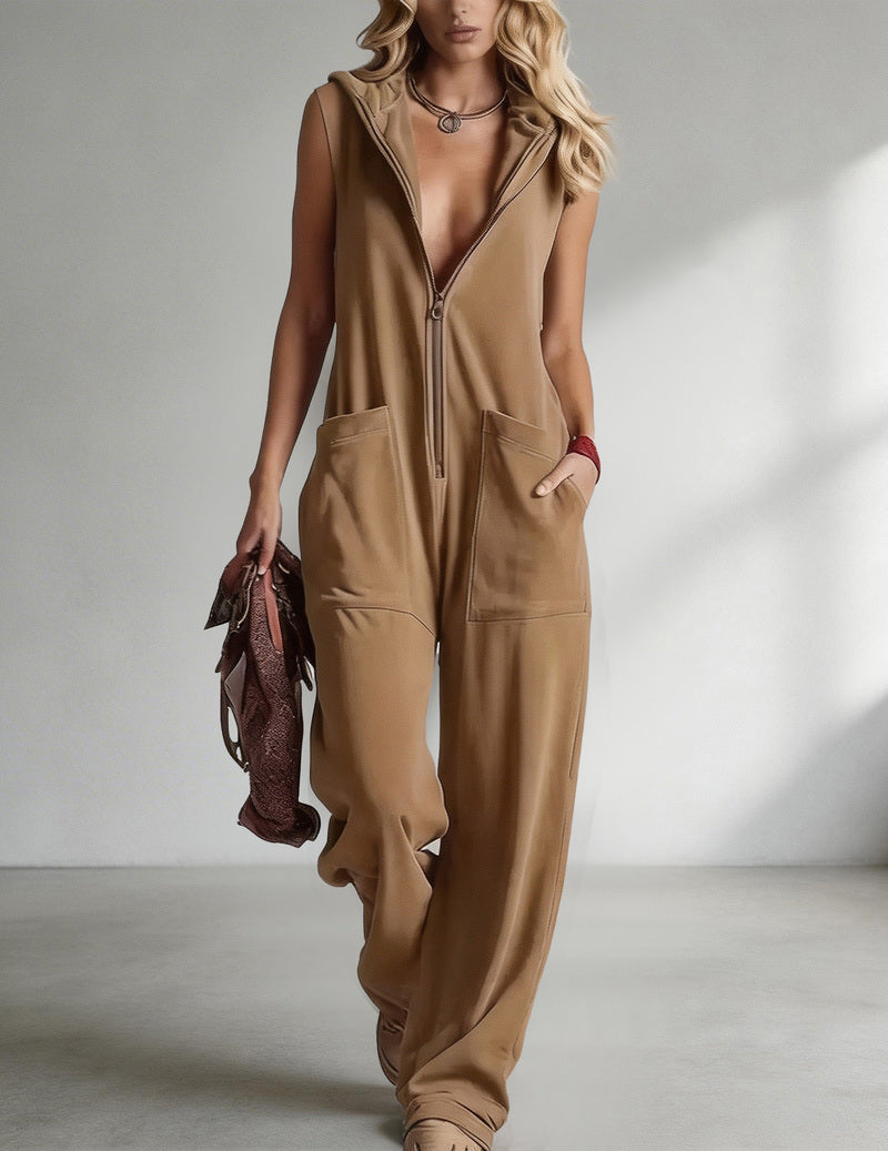 Sleeveless Hooded Zip-Front Jumpsuit