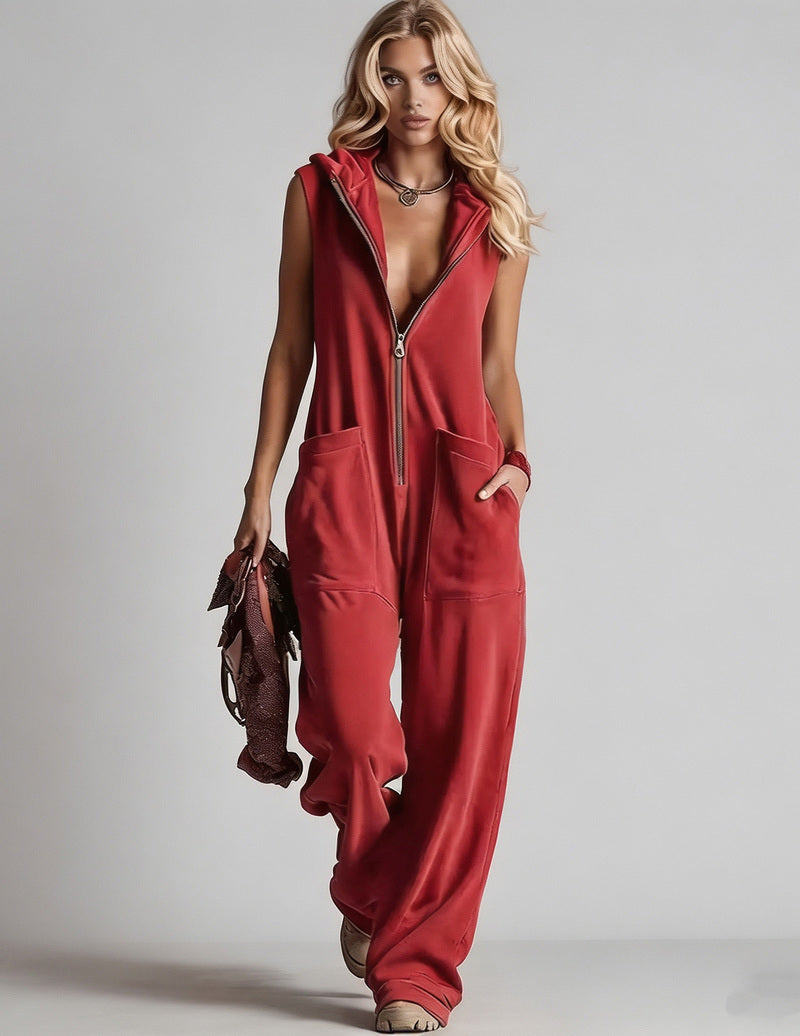 Sleeveless Hooded Zip-Front Jumpsuit