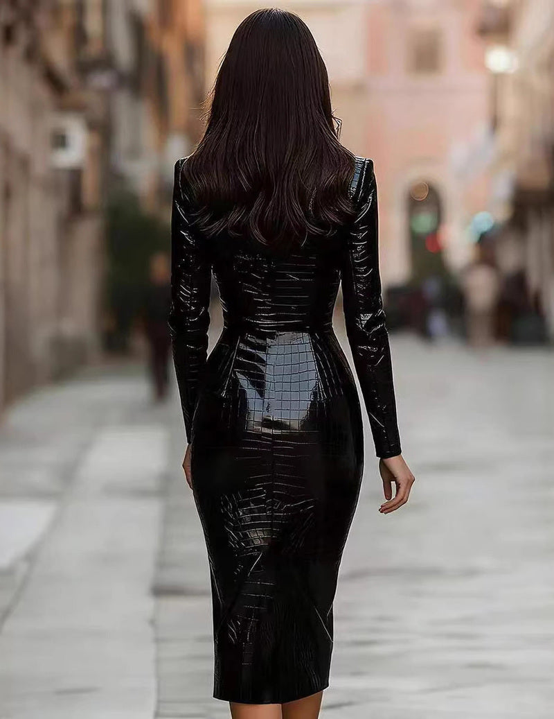 Croc-Embossed Patent Zip-Front Midi Dress