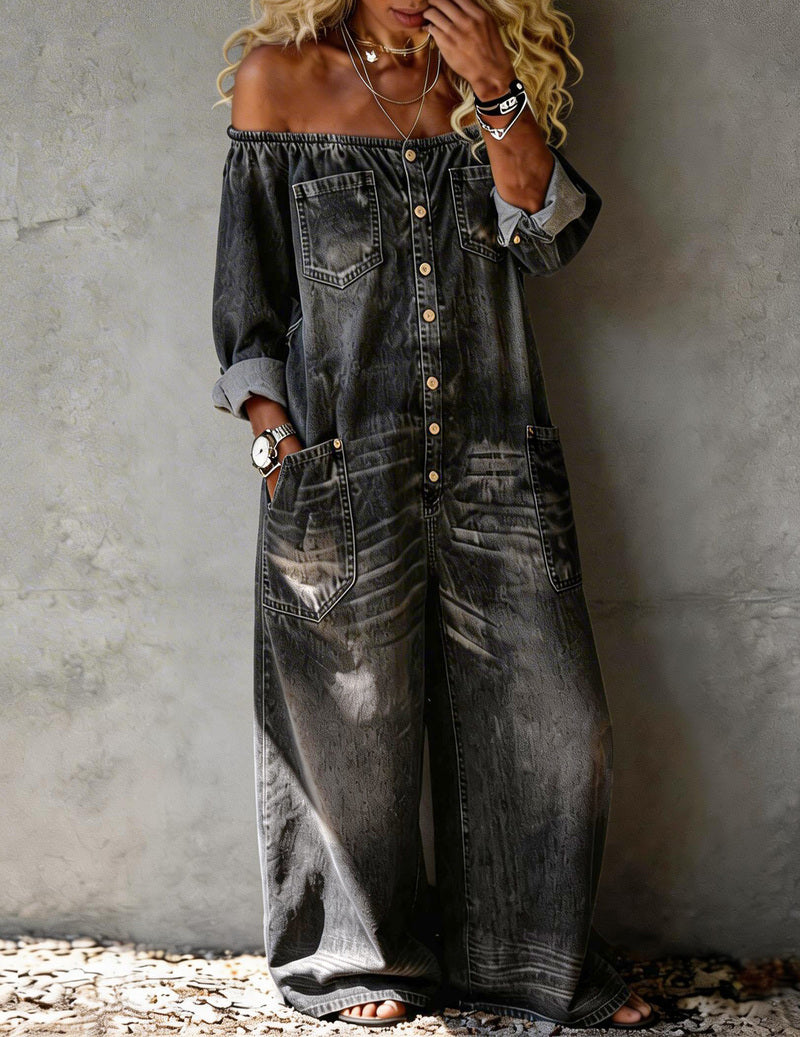 Off-Shoulder Denim Button-Front Jumpsuits
