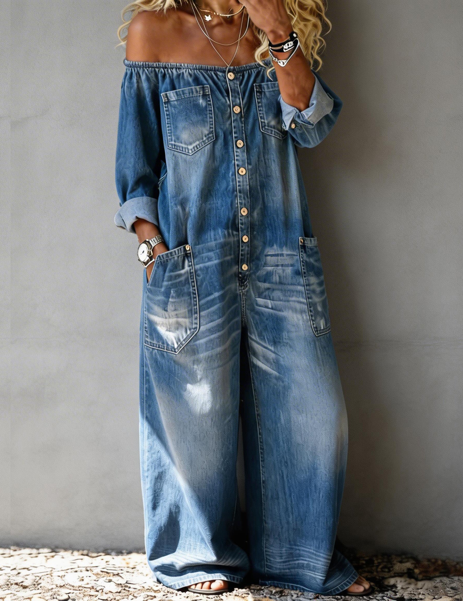Off-Shoulder Denim Button-Front Jumpsuits