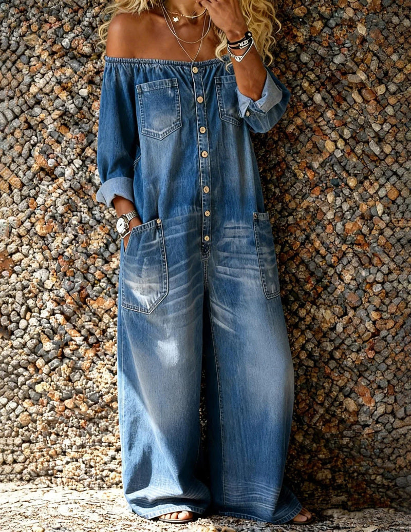 Off-Shoulder Denim Button-Front Jumpsuits