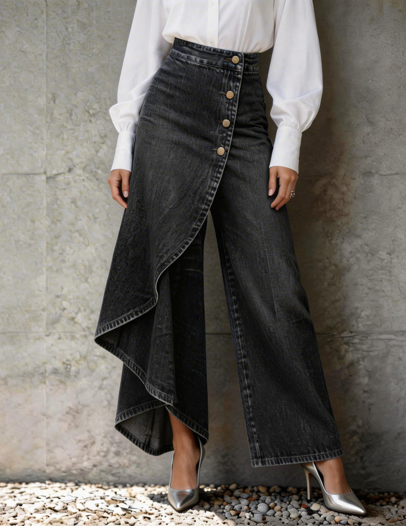 Asymmetric Button-Front Wrap Denim Wide-Leg Pants