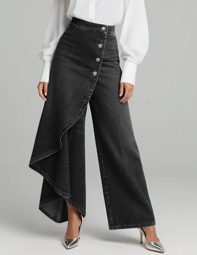 Asymmetric Button-Front Wrap Denim Wide-Leg Pants