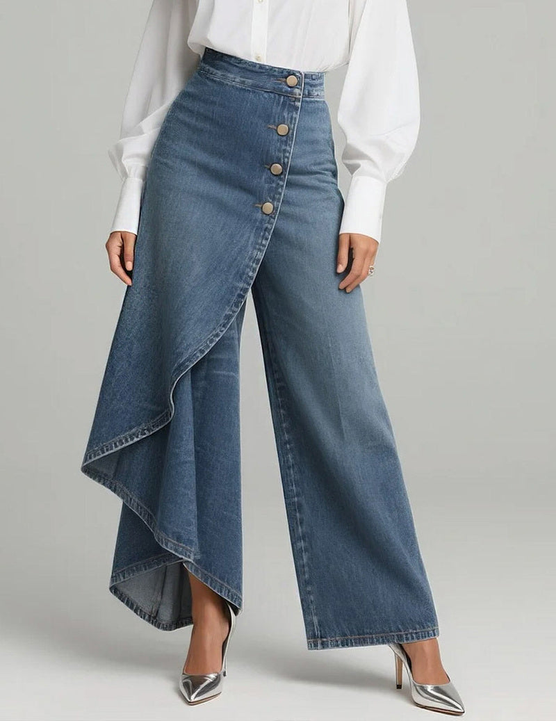 Asymmetric Button-Front Wrap Denim Wide-Leg Pants