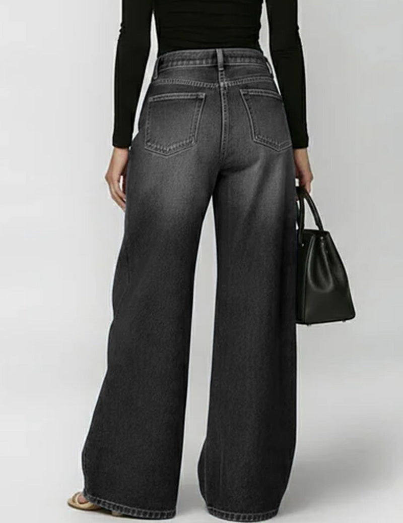 Wide-Leg Denim Pants with Gold Grommet Side Cutouts