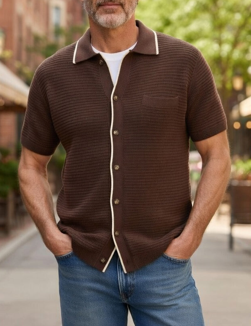 Brown textured knit short-sleeve polo shirt, button placket and chest pocket