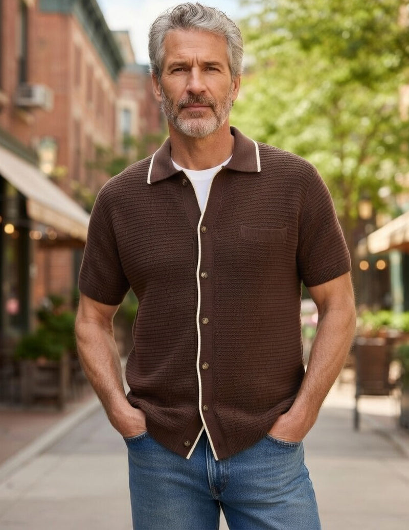 Brown textured knit polo shirt with spread collar, short sleeves and button front