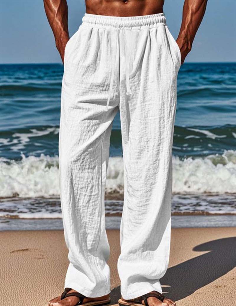 Men’s Cotton Linen Wide-Leg Drawstring Pants