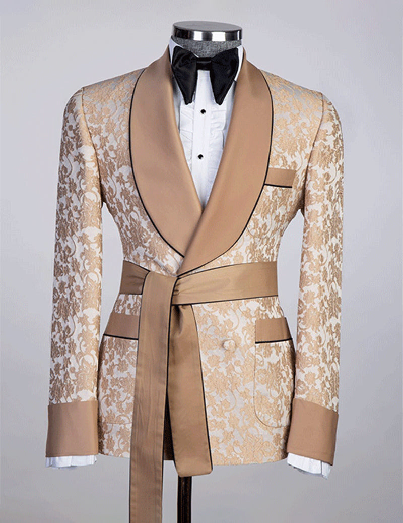 Khaki brocade tuxedo blazer with satin lapels and long sleeves