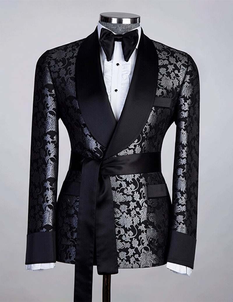 Black brocade tuxedo blazer with satin lapels and long sleeves
