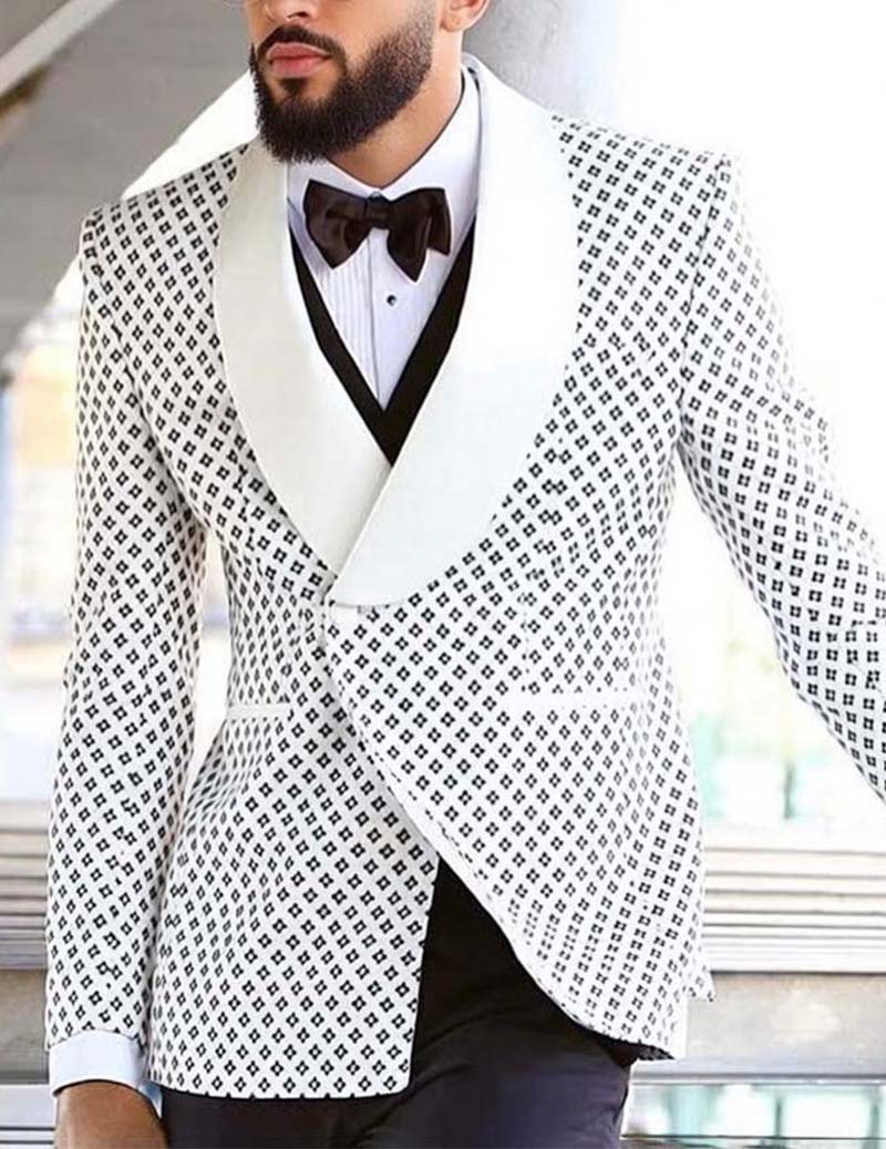 White geometric jacquard tuxedo blazer, black diamond pattern, notch lapels