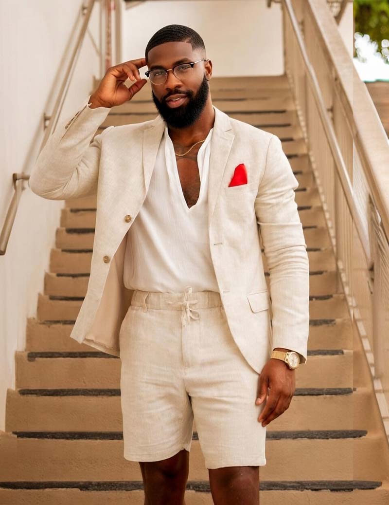 Men’s Cotton Linen Double-Breasted Blazer & Shorts Set