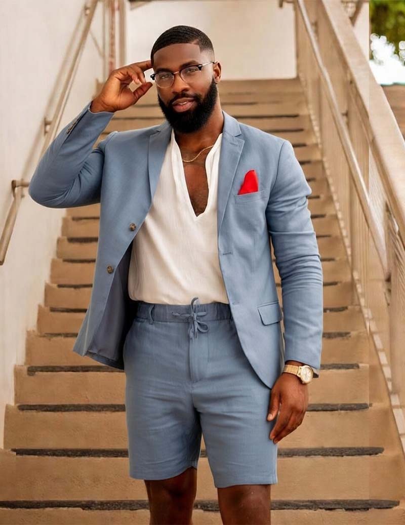 Men’s Cotton Linen Double-Breasted Blazer & Shorts Set