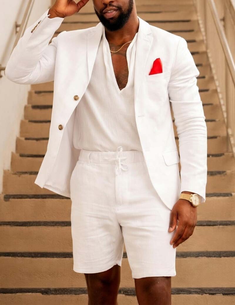 Men’s Cotton Linen Double-Breasted Blazer & Shorts Set