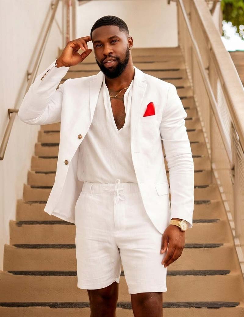 Men’s Cotton Linen Double-Breasted Blazer & Shorts Set