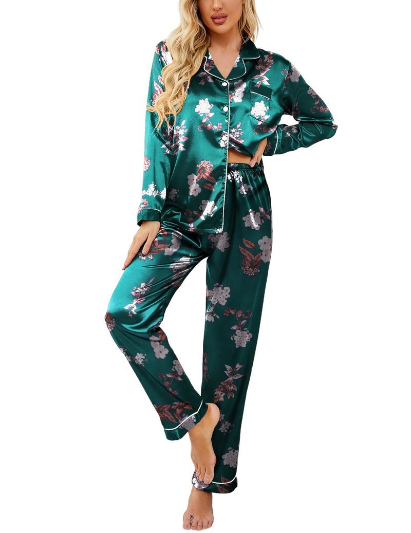 Printed Satin Long Sleeve Notch Collar Button Down Pajama Set