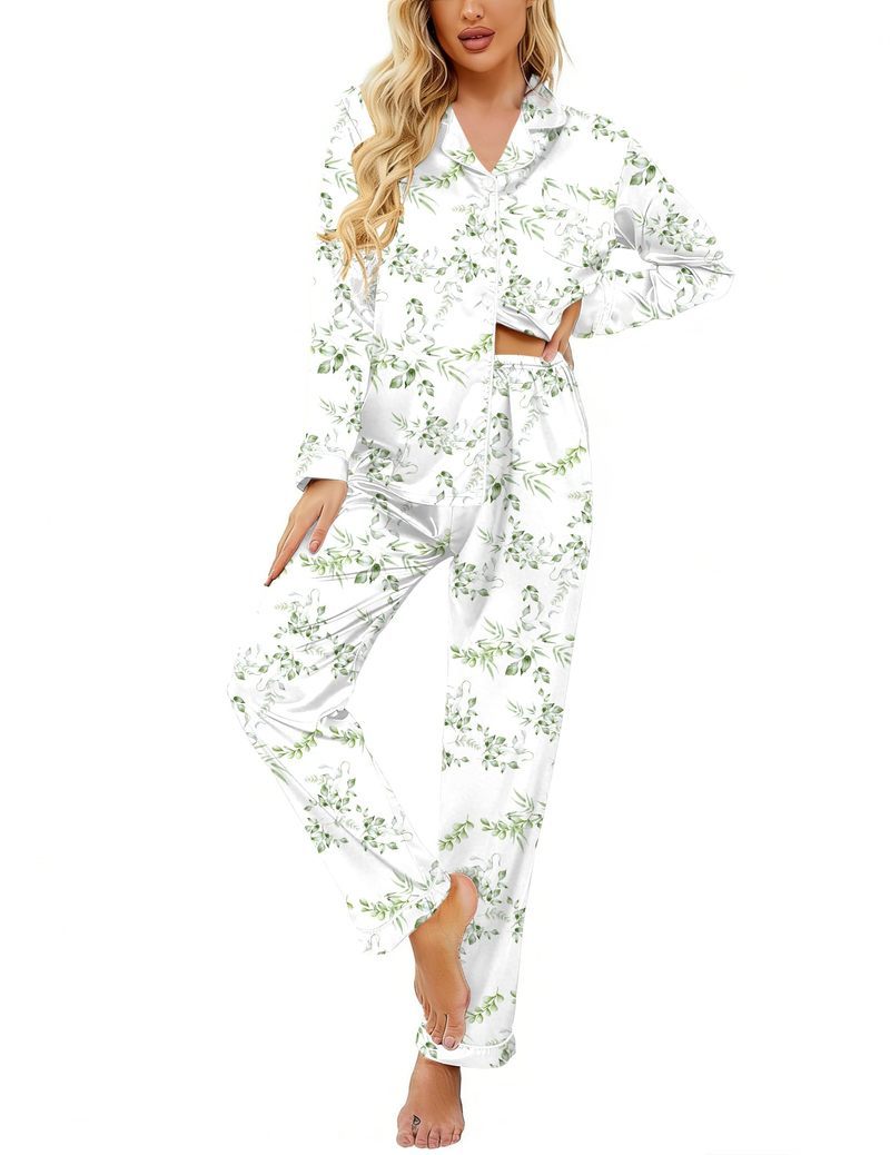 Printed Satin Long Sleeve Notch Collar Button Down Pajama Set