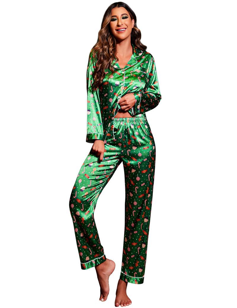 Green Christmas satin pajama set with tree print, button-front long sleeve top and tapered pants