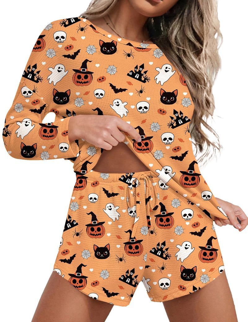 Orange Halloween print lounge set with long-sleeve crew top and drawstring shorts