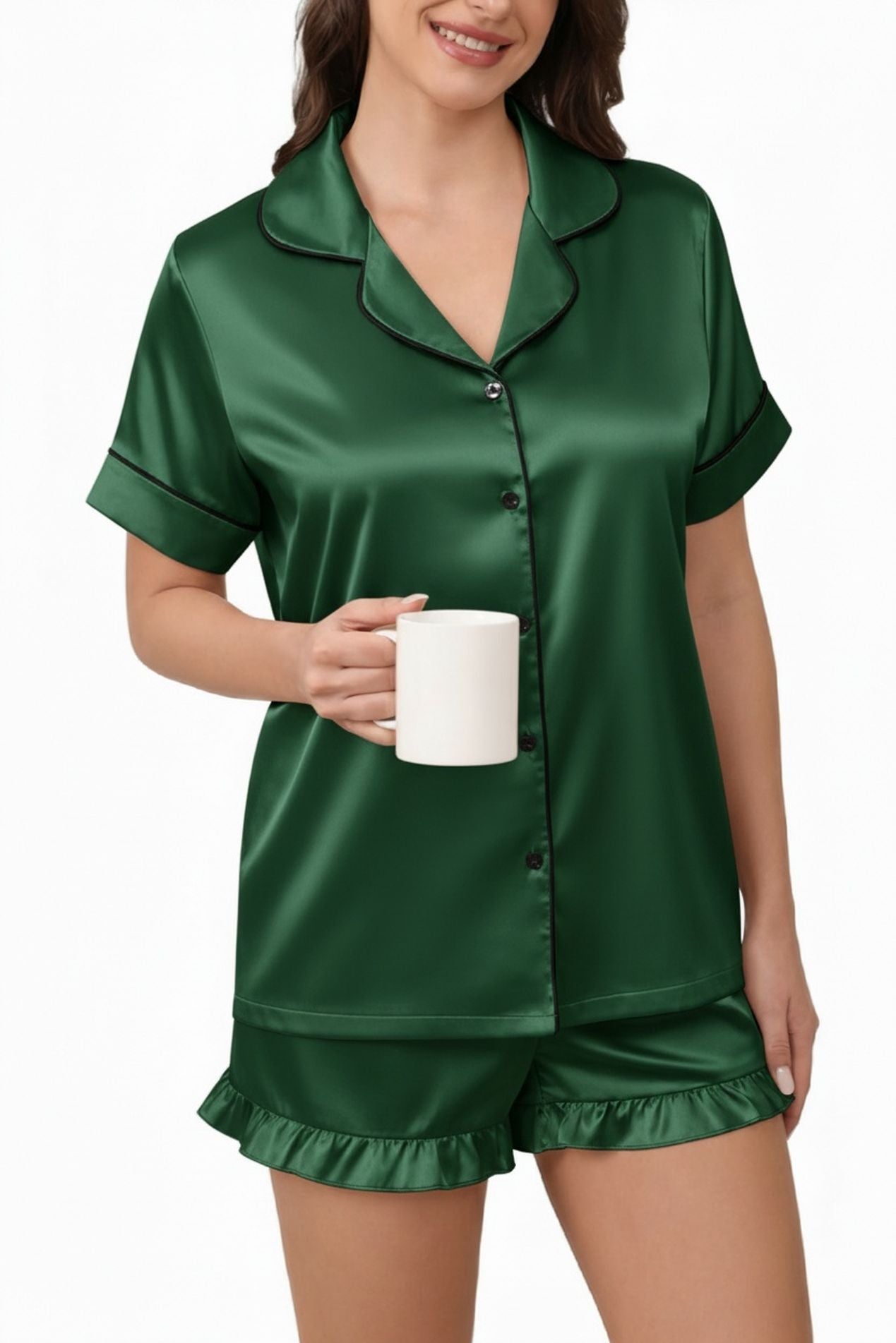 Green satin pajama set: button-front collared short-sleeve top and ruffled shorts