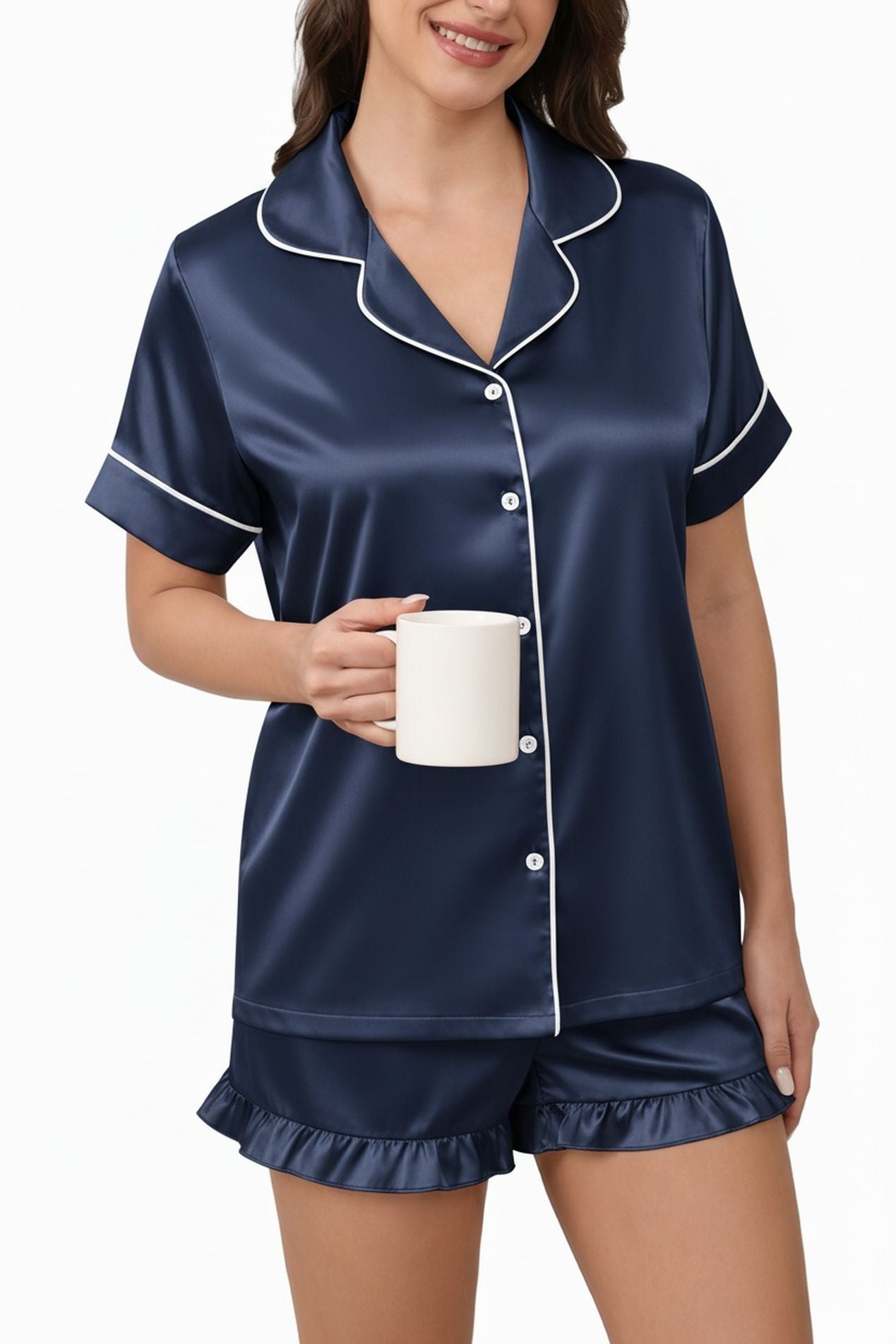 Navy satin pajama set: button-front collared short-sleeve top with ruffled shorts