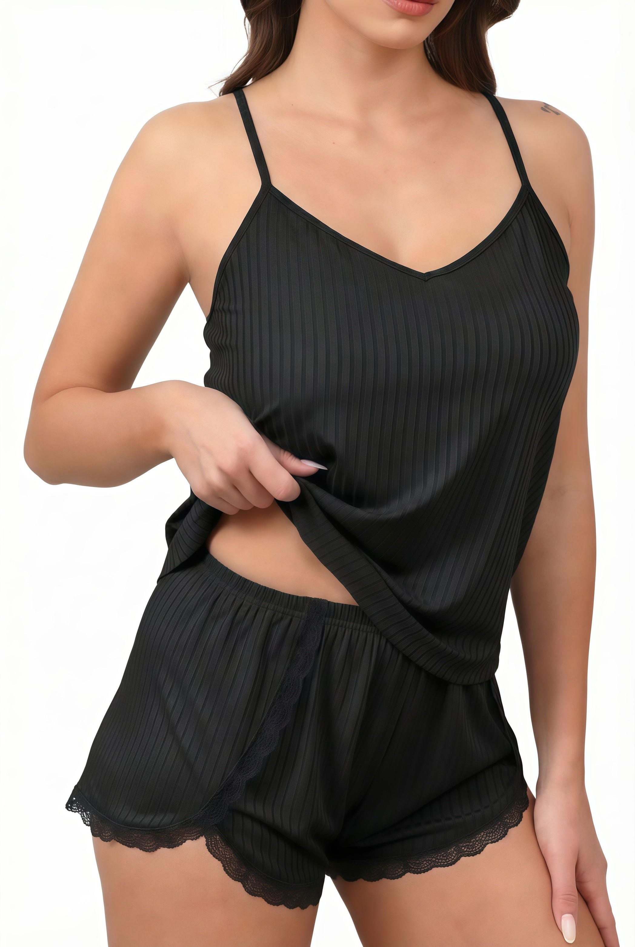 Women’s black ribbed pajama cami and shorts set with lace-trimmed shorts hem