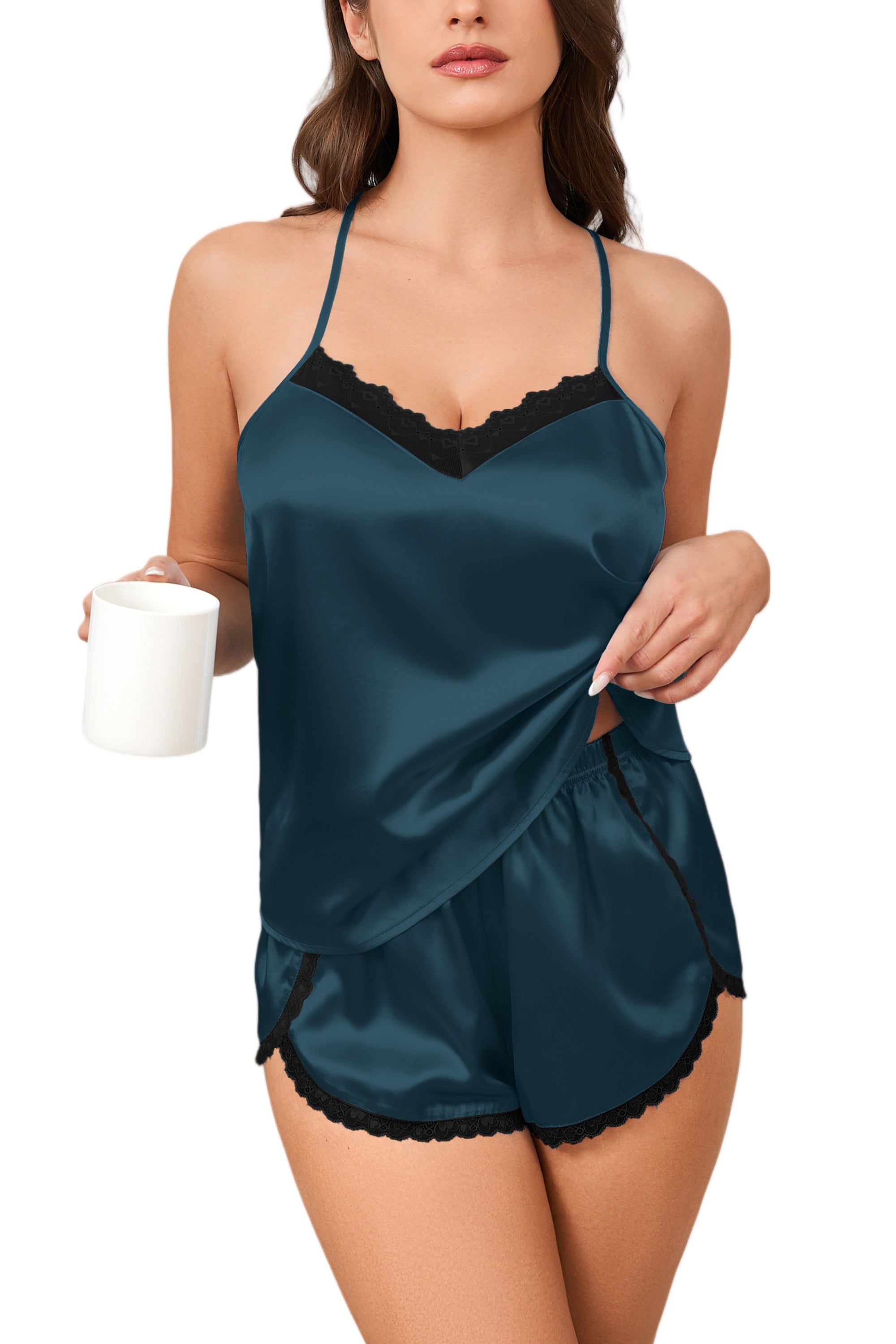 2-piece satin pajama set in dark teal, lace-trim camisole and matching shorts