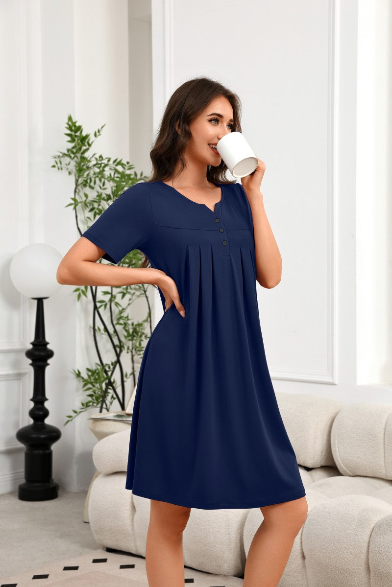 Women¡¯s navy V-neck short-sleeve lounge dress with small button front and gathered yoke