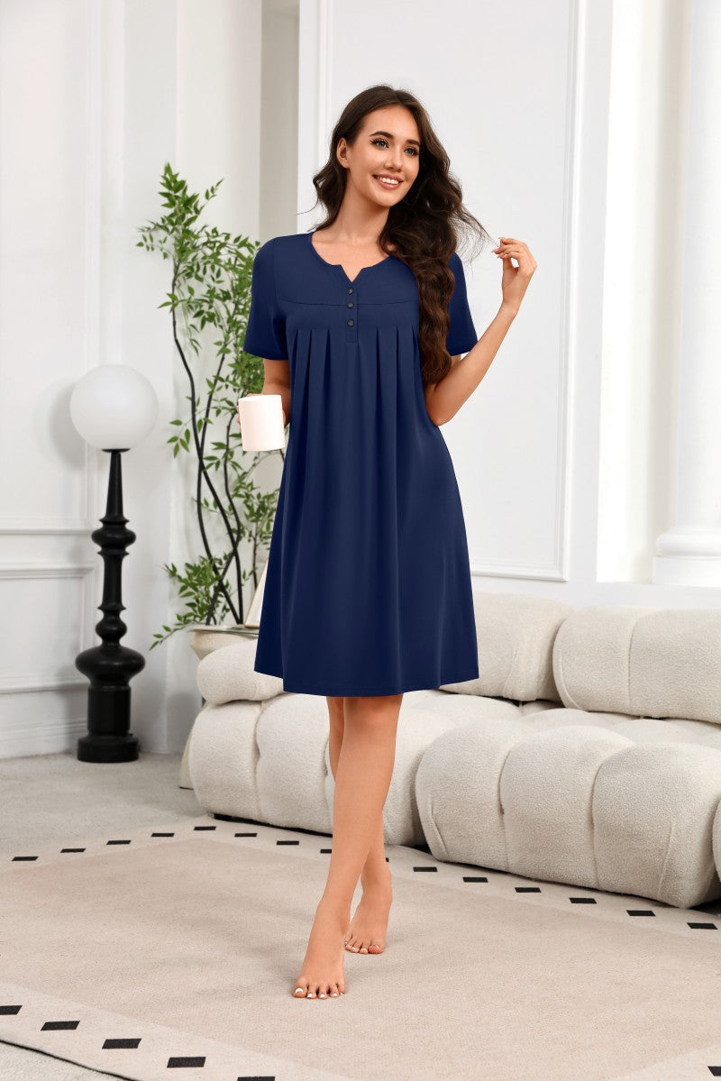 Women¡¯s navy V-neck short-sleeve house dress with button placket and relaxed A-line fit