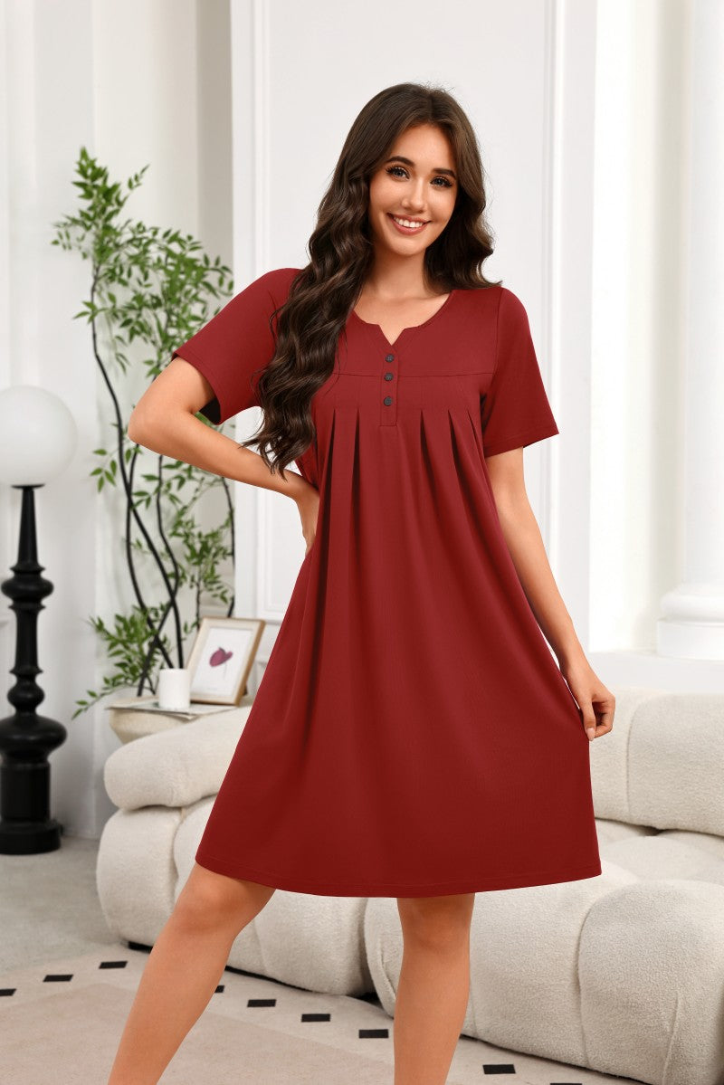 Women¡¯s wine red V-neck short-sleeve house dress with button front and pleated details