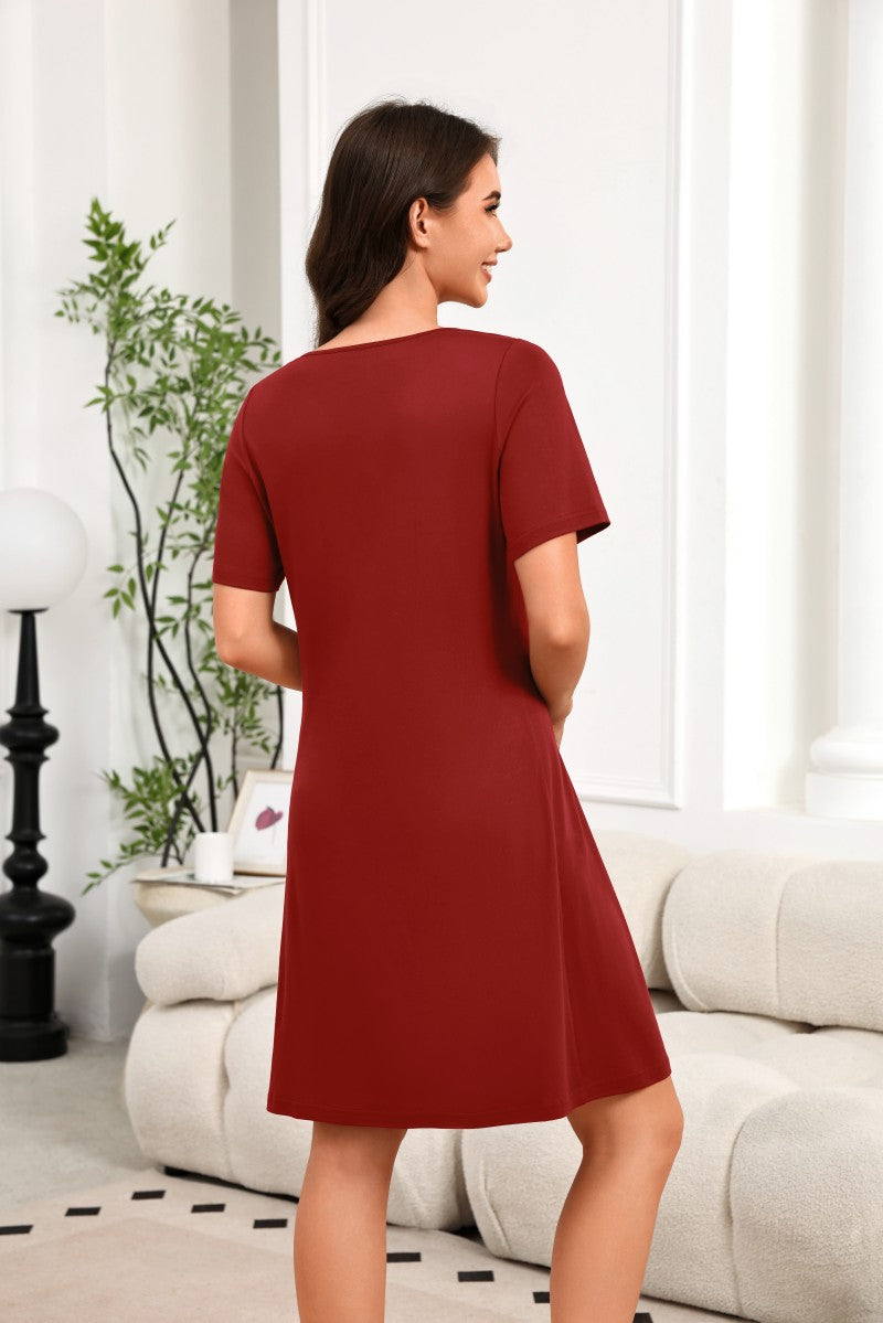 Women¡¯s wine red V-neck short-sleeve house dress shown from the back, above-knee length