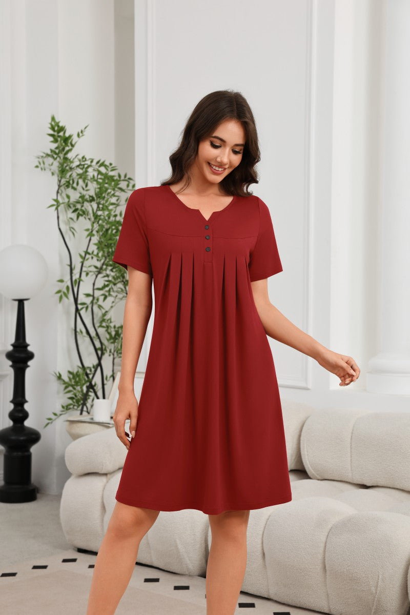 Women¡¯s wine red V-neck short-sleeve nightgown dress with button placket and pleated skirt
