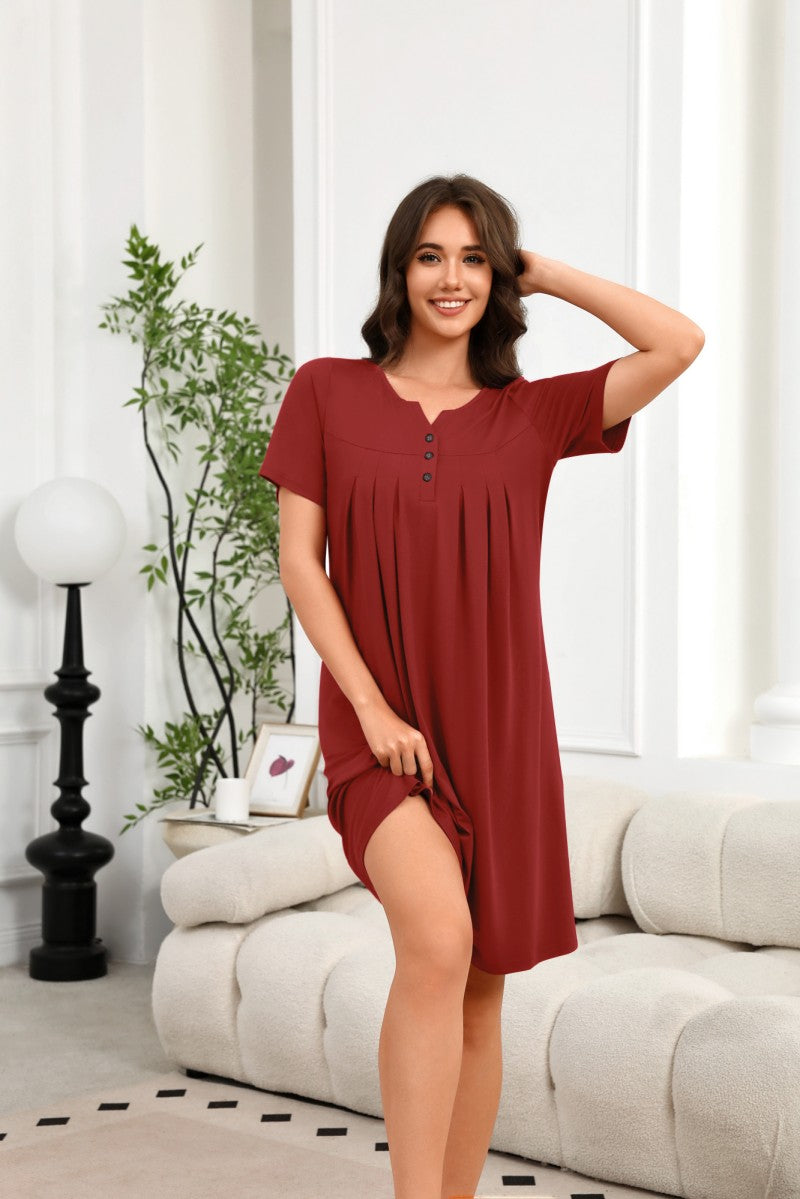 Women¡¯s wine red V-neck short-sleeve lounge dress with small front buttons and loose fit