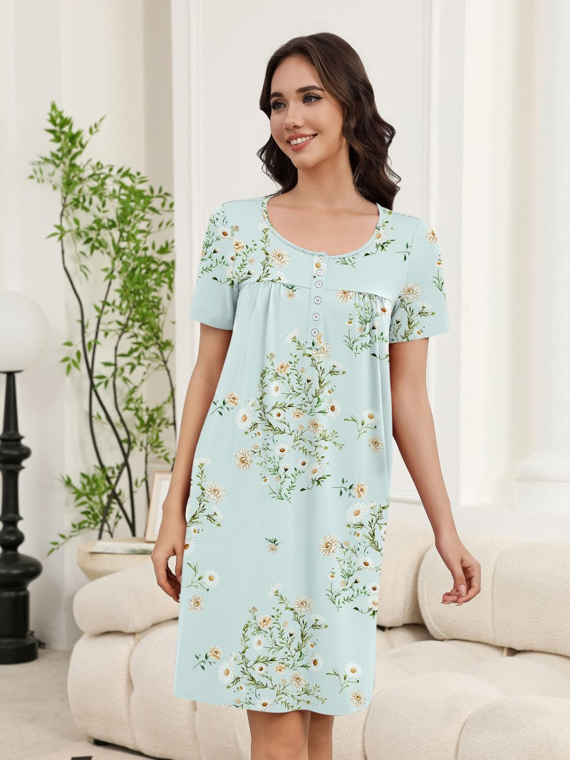 Floral Print Button Front Short Sleeve House Dress with Pockets