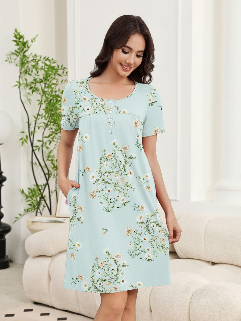 Floral Print Button Front Short Sleeve House Dress with Pockets
