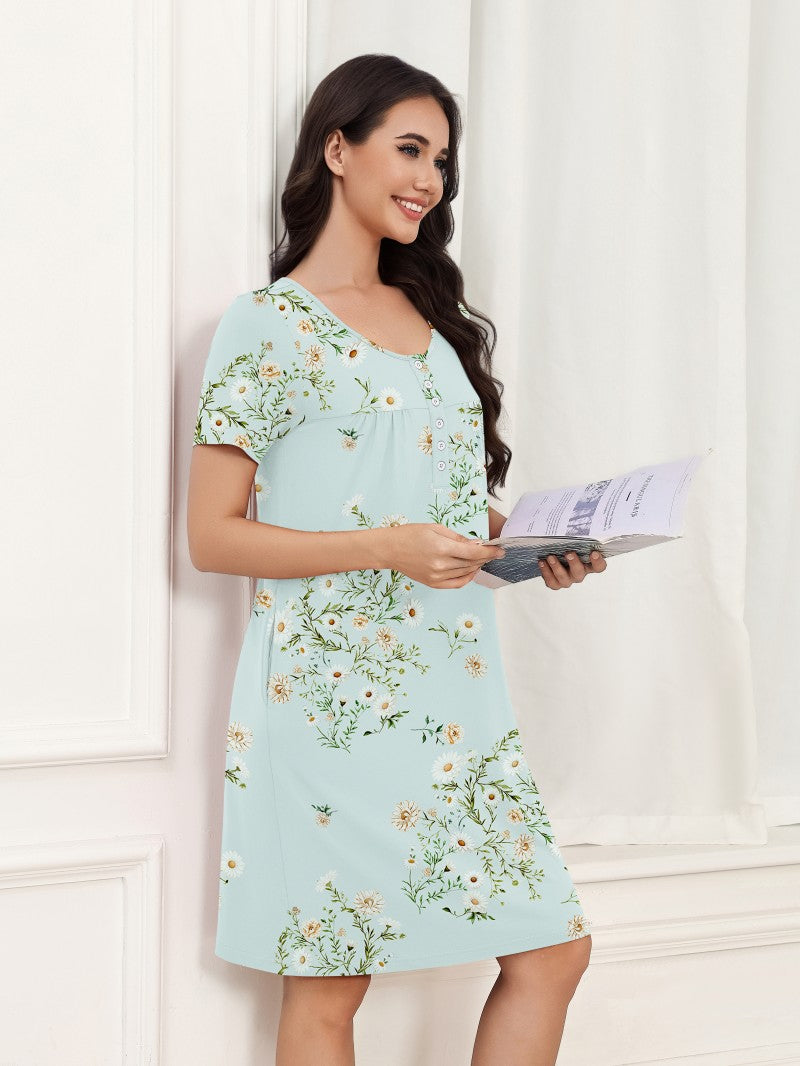 Floral Print Button Front Short Sleeve House Dress with Pockets
