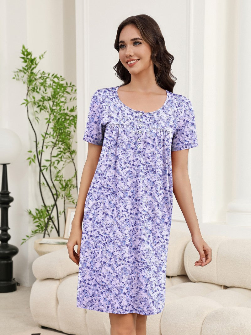 Floral Print Button Front Short Sleeve House Dress with Pockets