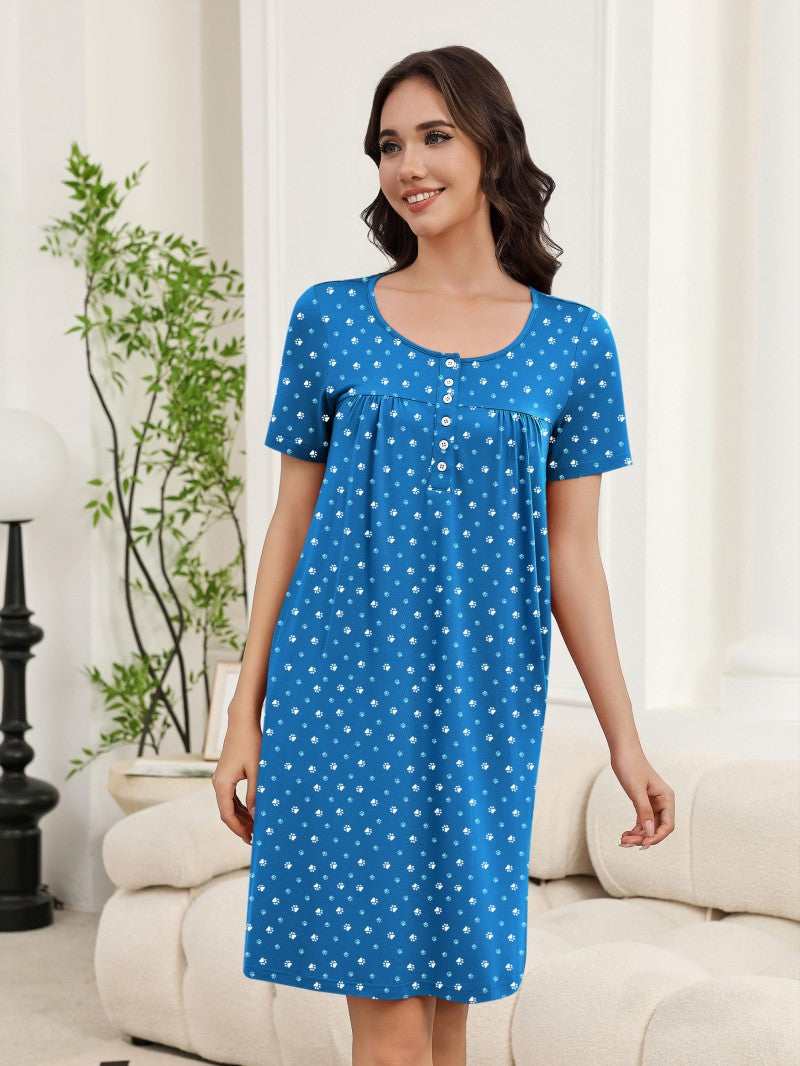Floral Print Button Front Short Sleeve House Dress with Pockets