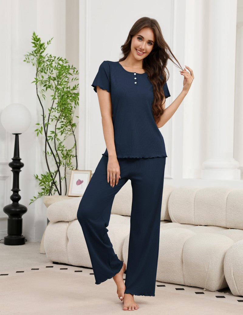 2-Piece Ribbed Henley Pajama Set | Short Sleeve Top & Wide Leg Pants