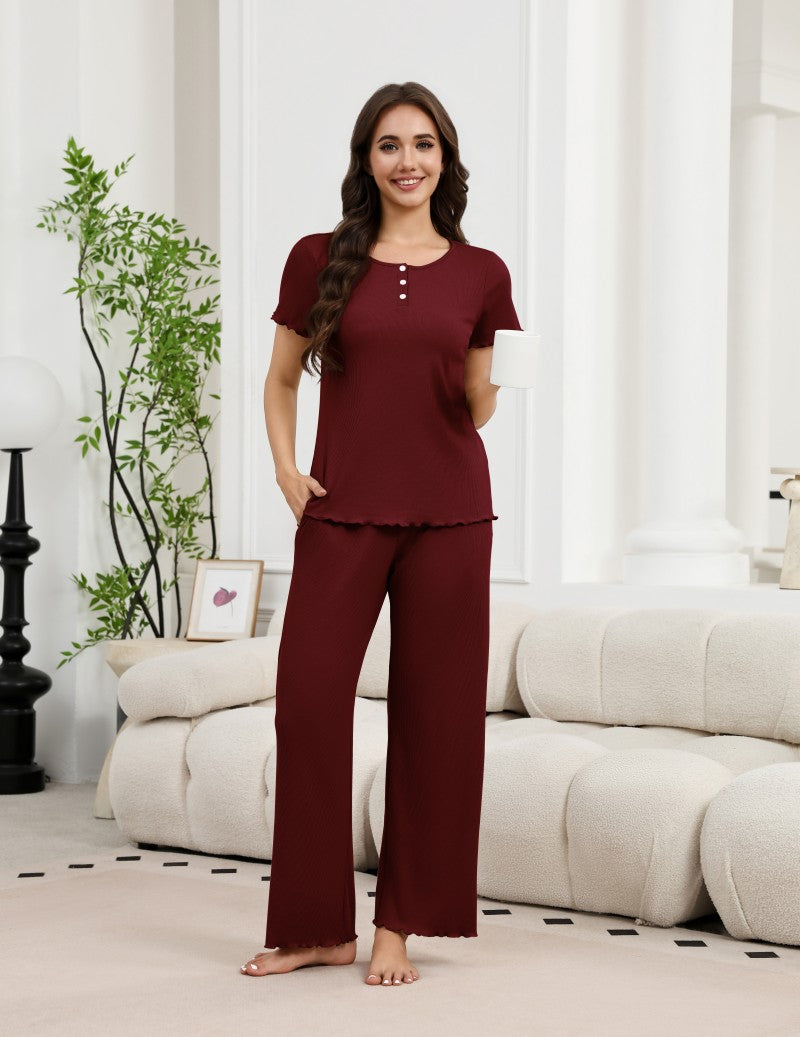 2-Piece Ribbed Henley Pajama Set | Short Sleeve Top & Wide Leg Pants