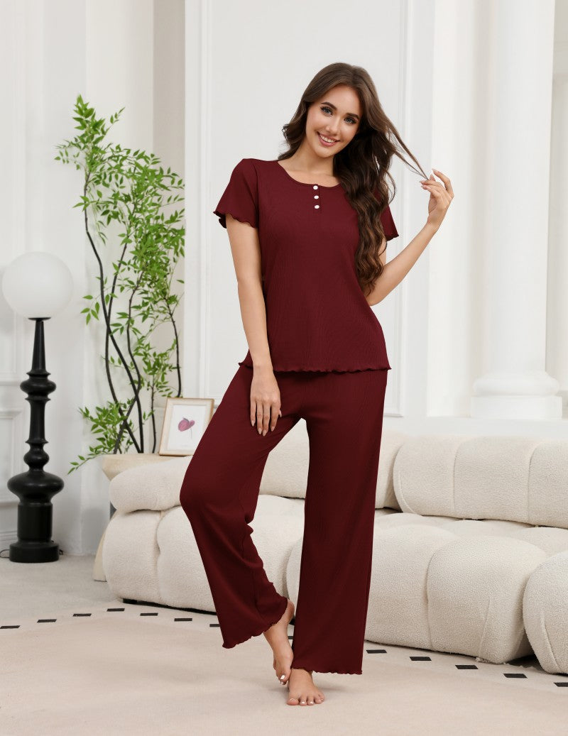2-Piece Ribbed Henley Pajama Set | Short Sleeve Top & Wide Leg Pants