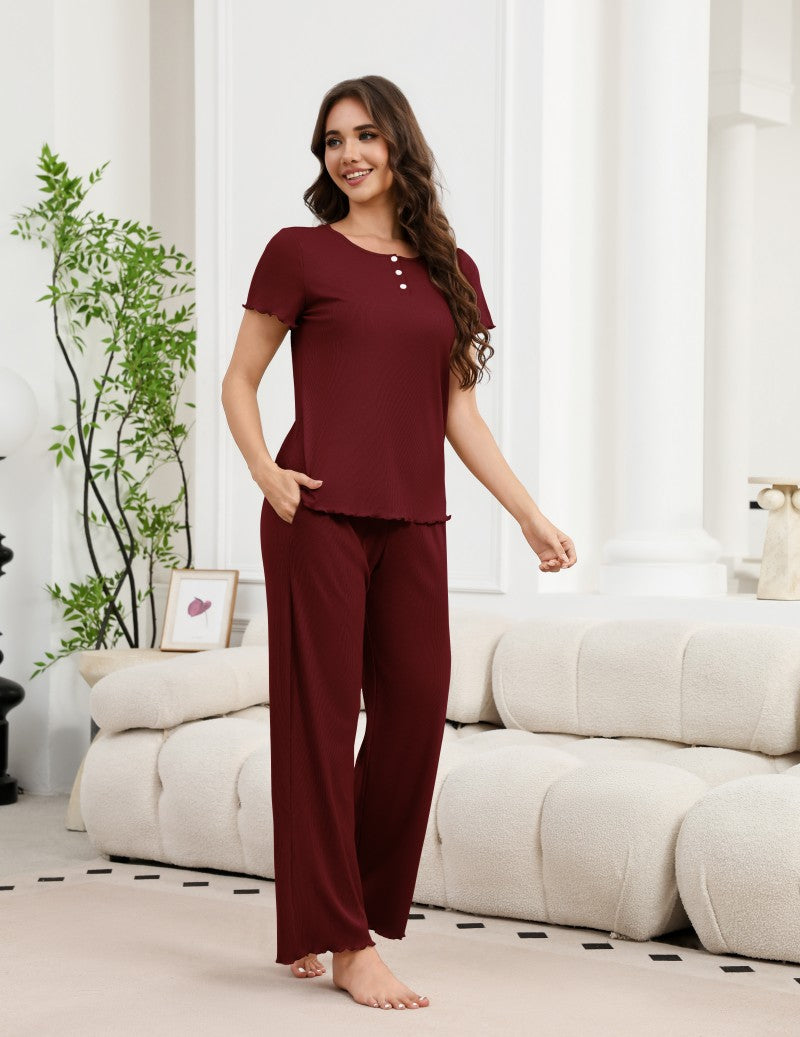 2-Piece Ribbed Henley Pajama Set | Short Sleeve Top & Wide Leg Pants