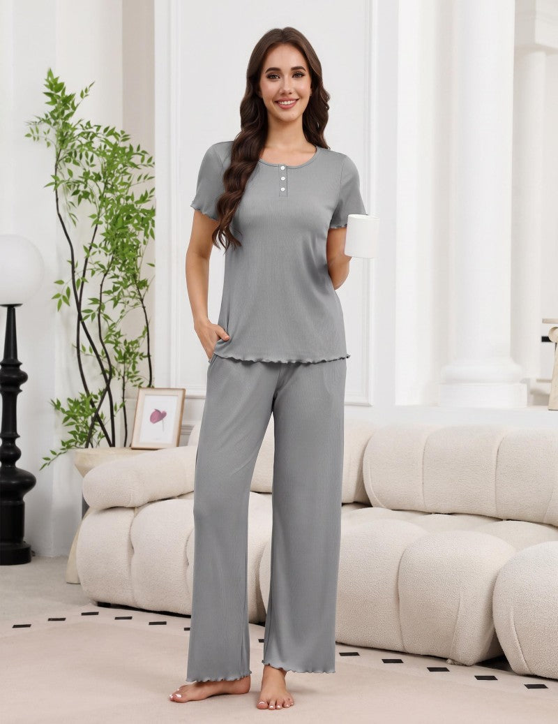 2-Piece Ribbed Henley Pajama Set | Short Sleeve Top & Wide Leg Pants