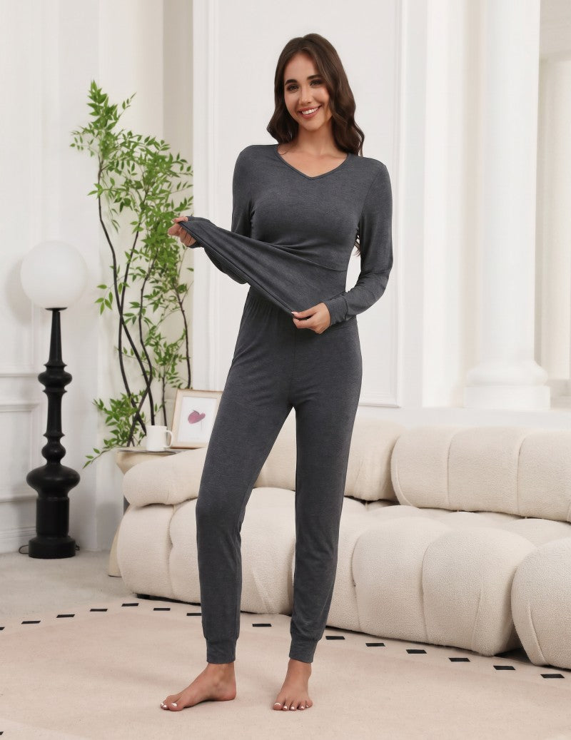 V-Neck Long Sleeve Thermal Underwear Set with Leggings