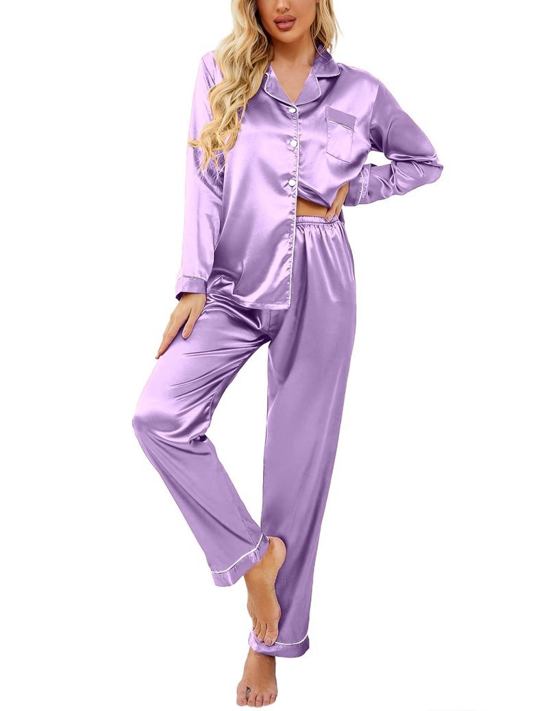 Satin Long Sleeve Notch Collar Button Down Pajama Set